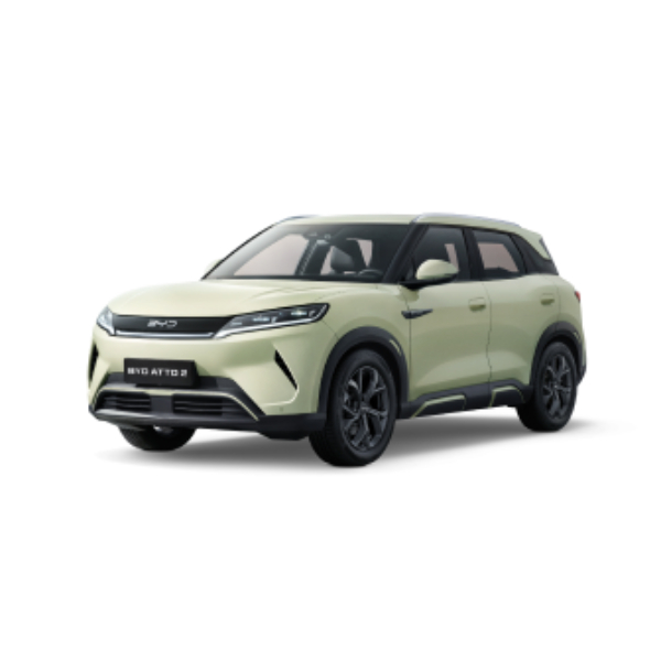 Full exterior view of the BYD ATTO 2 compact electric crossover, showing the aerodynamic profile and alloy wheels