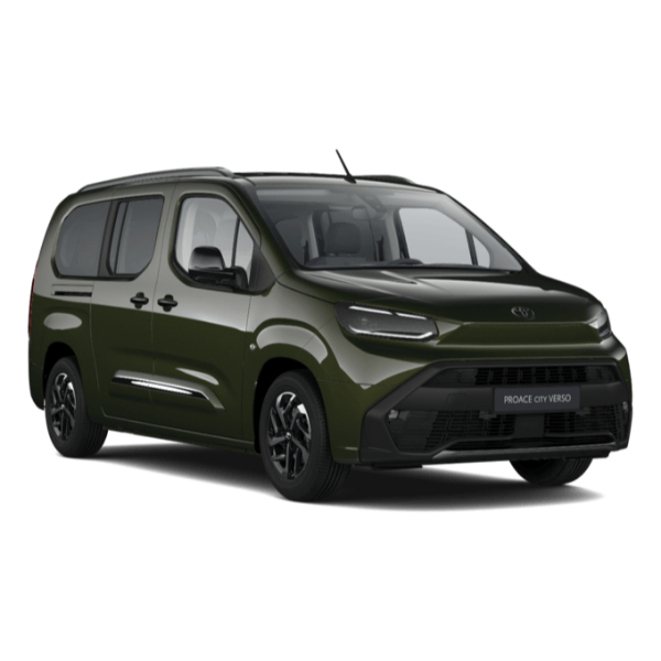 Toyota Proace City Verso verde, vedere frontală din unghi 3/4