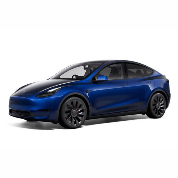 Tesla Model Y 2025 albastru - fotografie de studio, fundal alb